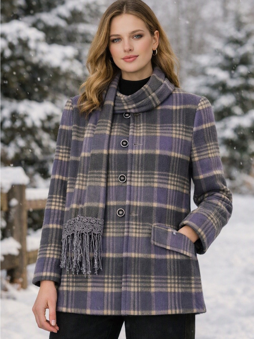 Plaid Women's Coat with Scarf - Purple and Gray